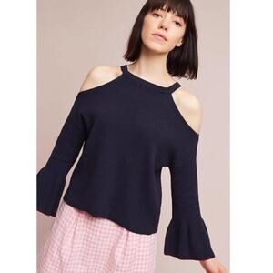 ANTHROPOLOGIE Navy Knit Cold Shoulder Knit Sweater Bell Sleeve Size SMALL Boho